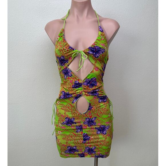 I AM GIA Green Floral Cutout Halter Keyhole Mini Dress Women’s S - Picture 3 of 12